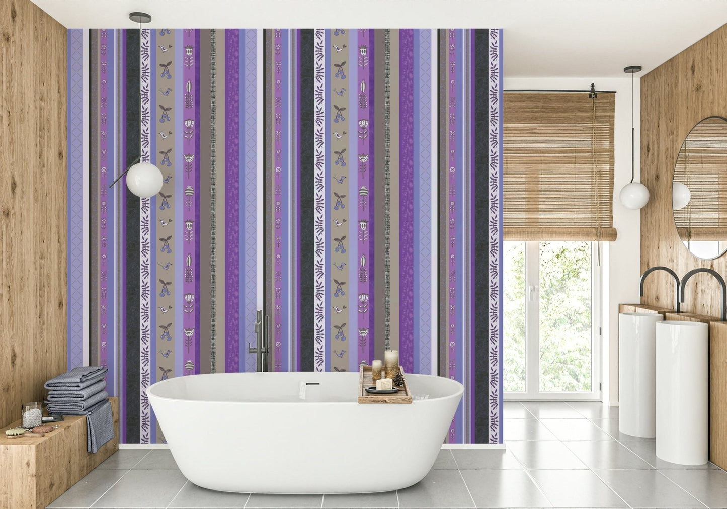 Striped wallpaper with a whimsical garden theme.

