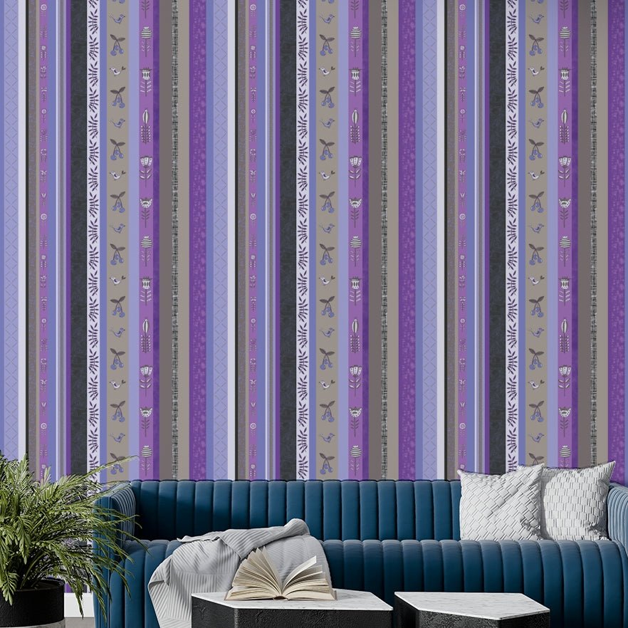 Wallpaper with a mix of soft purple, gray, and brown.

