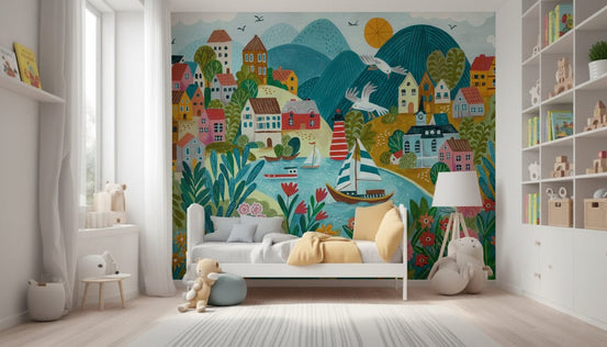 Harbor Haven wallpaper mural of a colorful coastal town and sailboats above a white bed with a tripod lamp and bookshelves