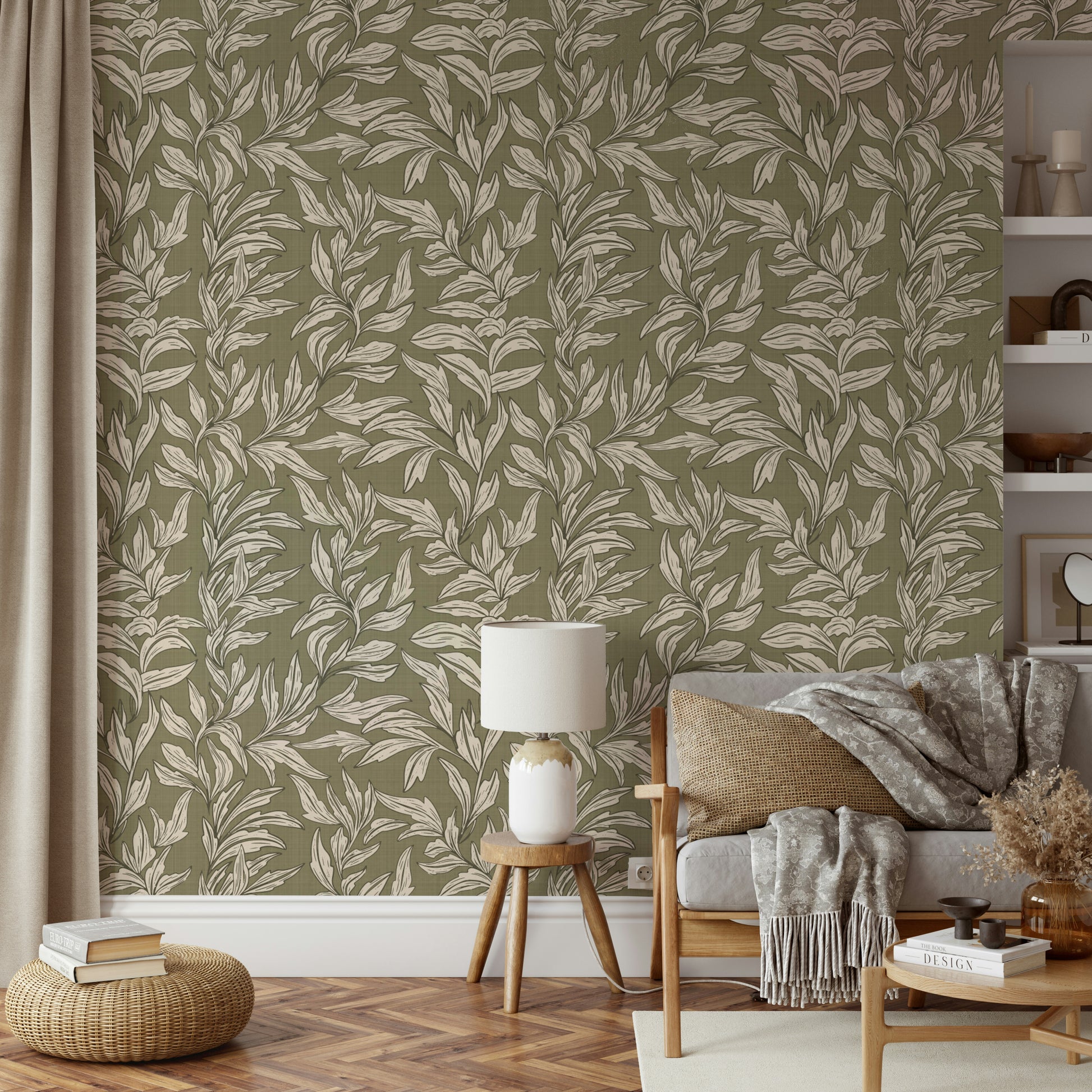 Leaf print wallpaper in soothing natural tones

