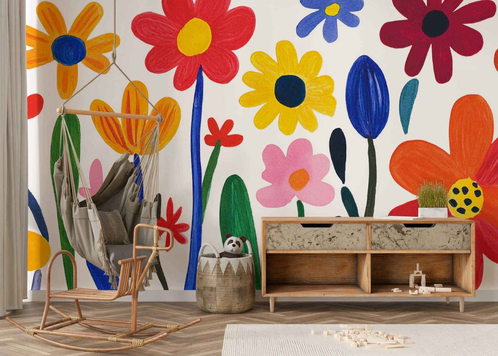 Playful cut-out flower mural in abstract style

