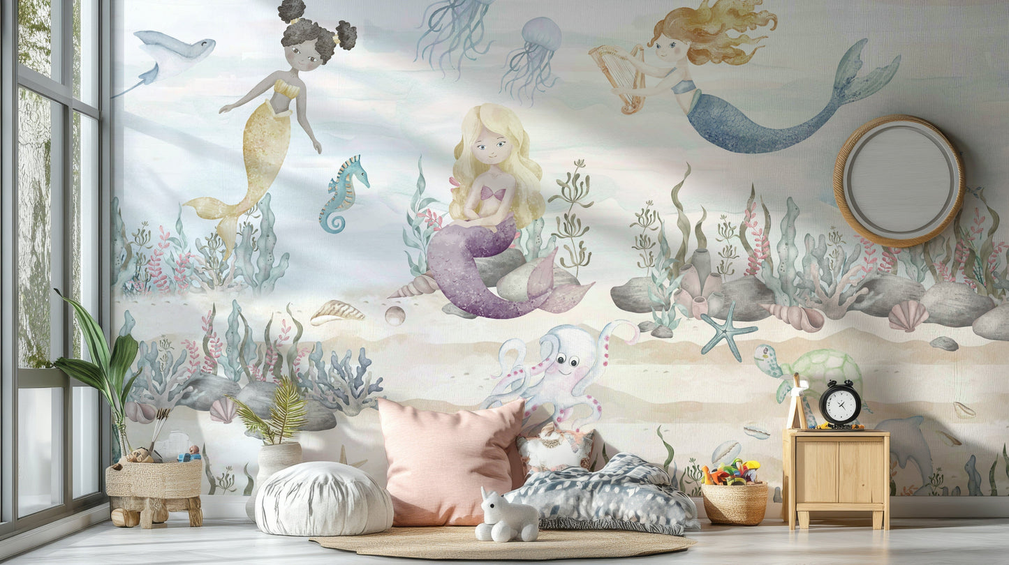 The colors are soft and gentle, with pale blues, greens, and pinks.

