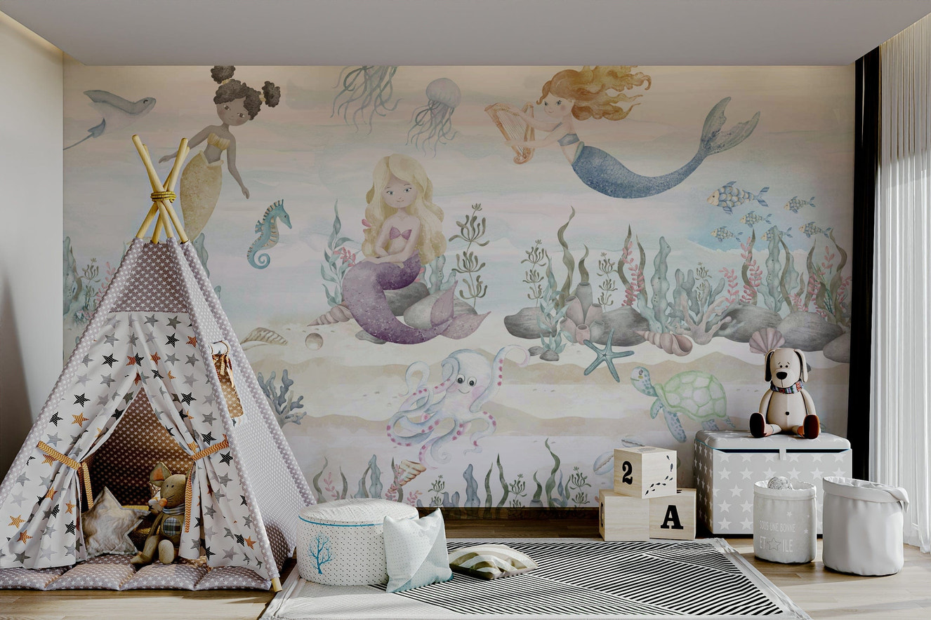 A peaceful wall mural with a whimsical underwater scene.

