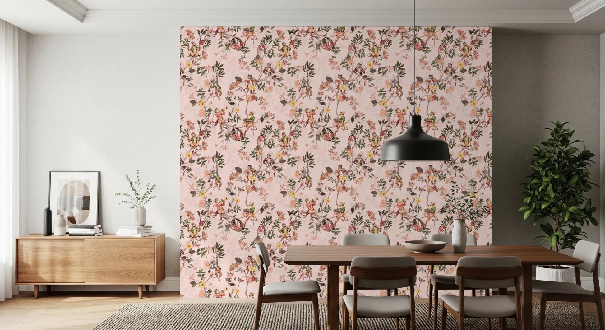 Whimsical Monkeys Playing Music Vintage Exotic Fun Garden pink Wallpaper⁠