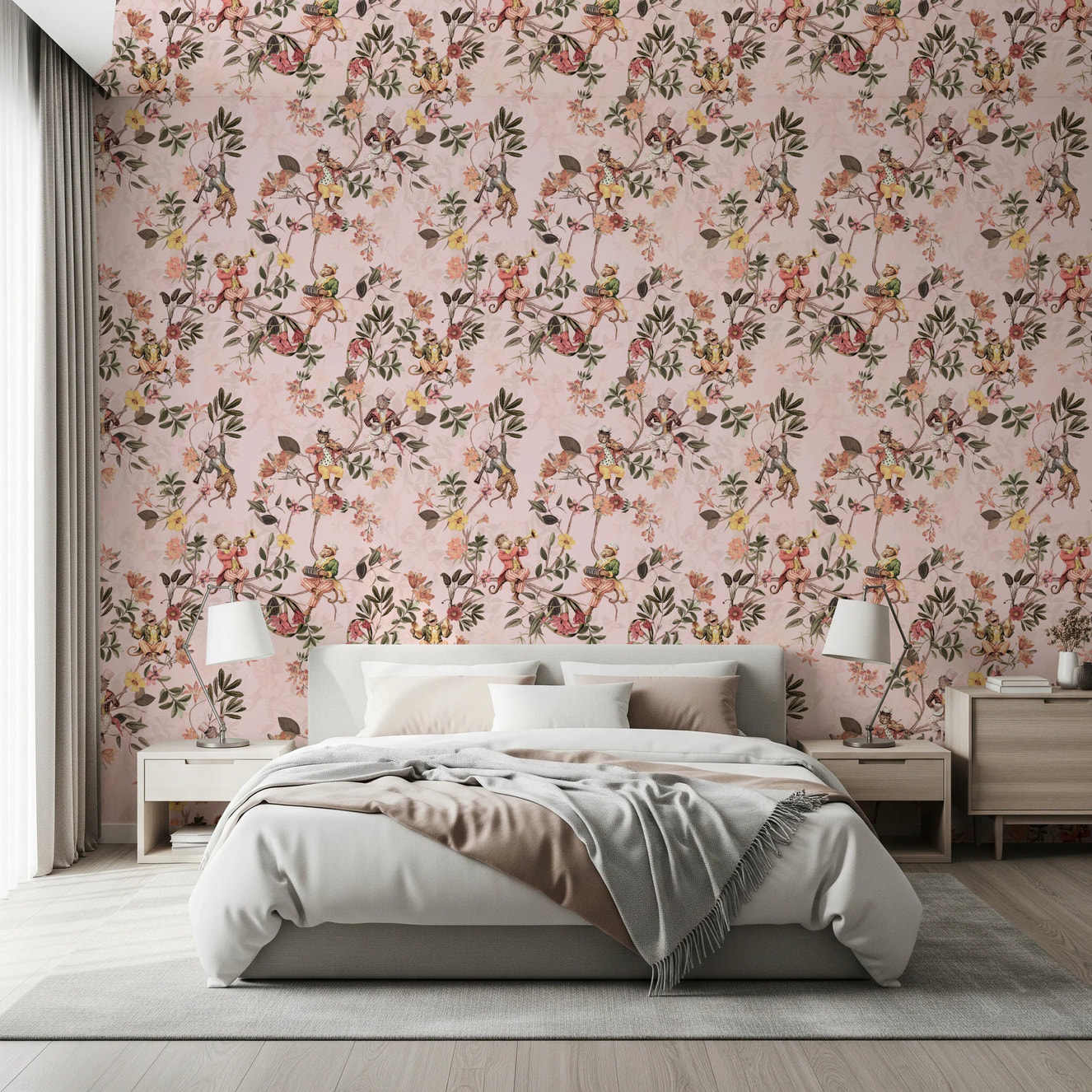 Whimsical Monkeys Playing Music Vintage Exotic Fun Garden pink Wallpaper⁠