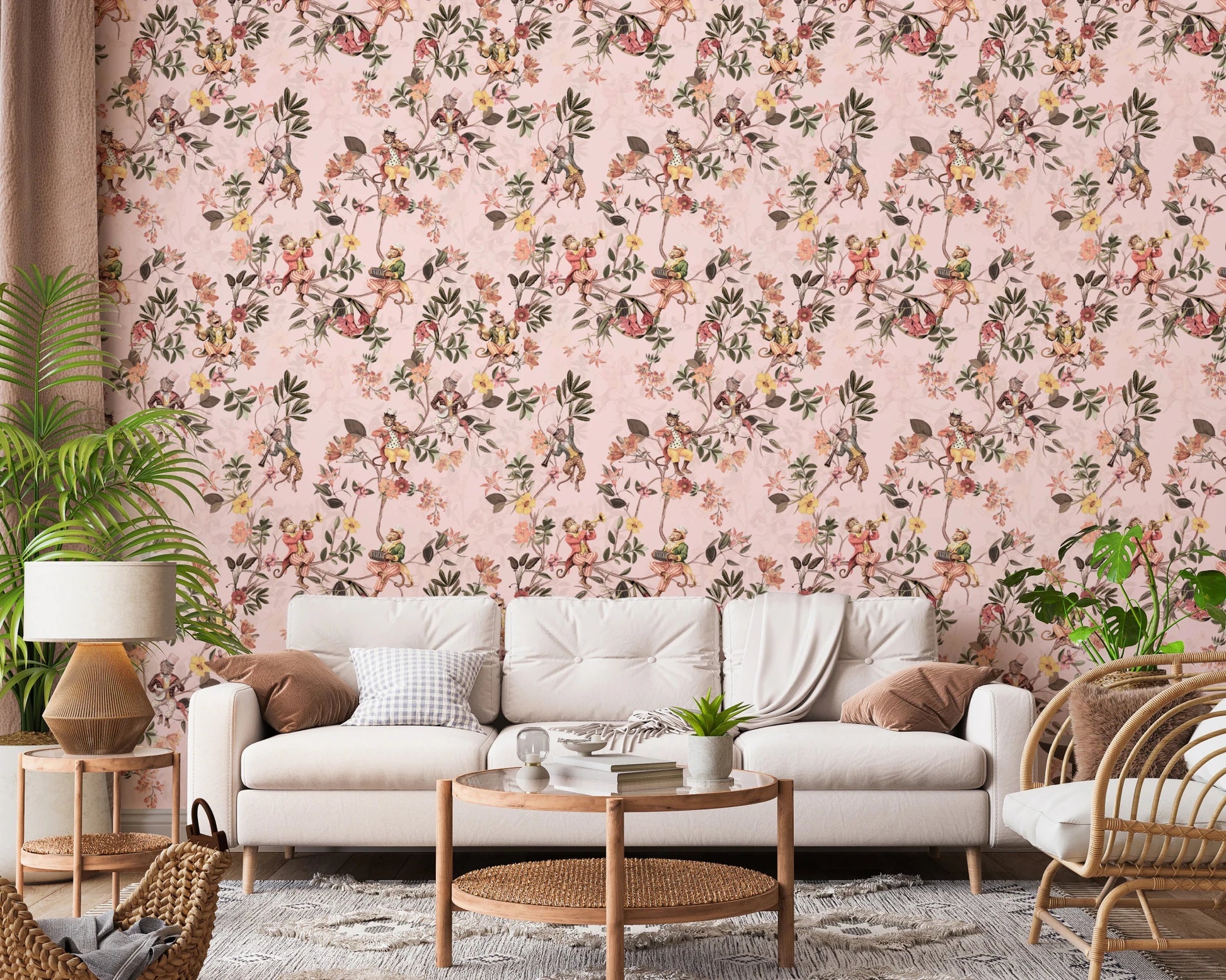 Whimsical Monkeys Playing Music Vintage Exotic Fun Garden pink Wallpaper⁠