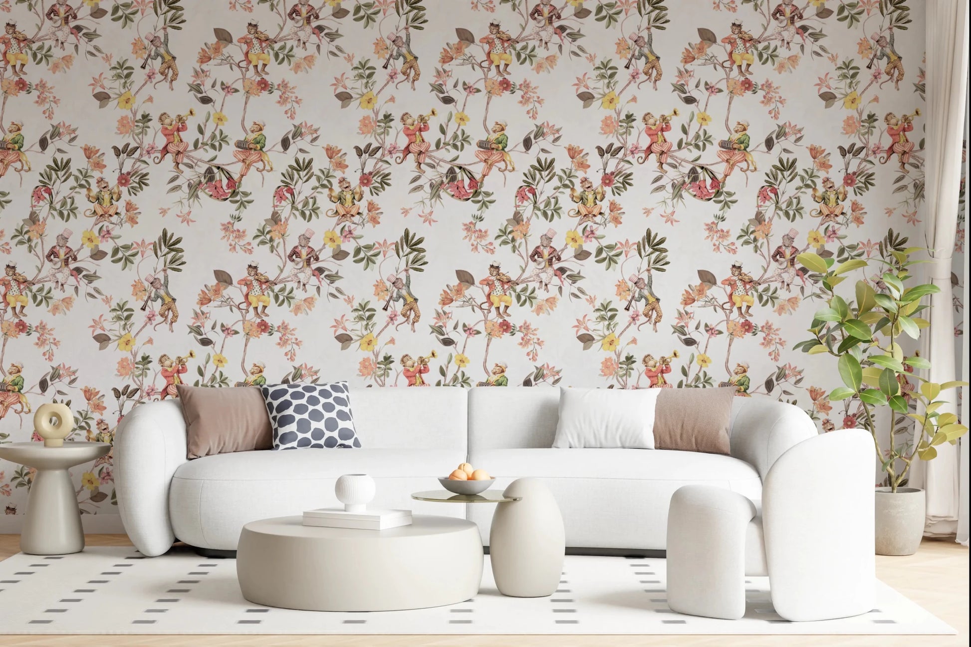 Whimsical Monkeys Playing Music Vintage Exotic Fun Garden white Wallpaper⁠