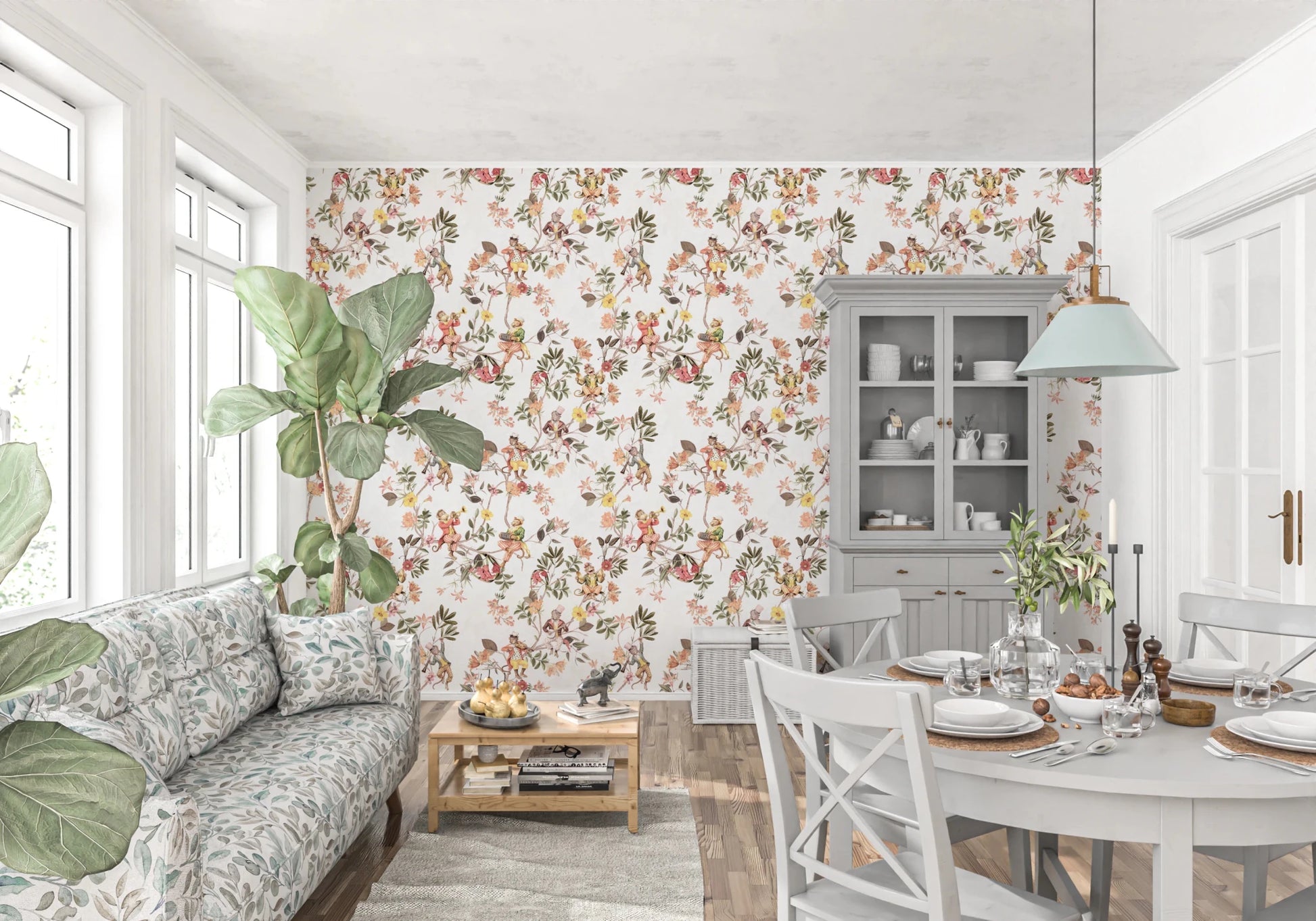 Whimsical Monkeys Playing Music Vintage Exotic Fun Garden white Wallpaper⁠