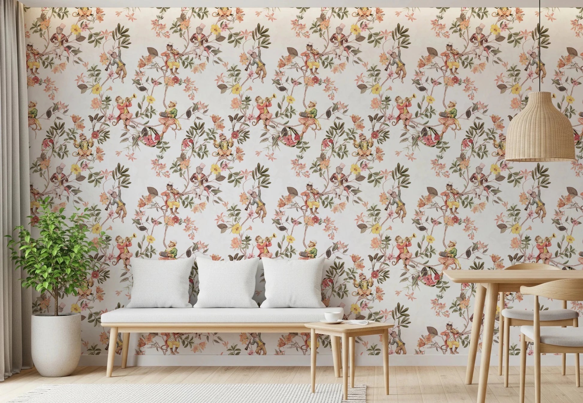 Whimsical Monkeys Playing Music Vintage Exotic Fun Garden white Wallpaper⁠
