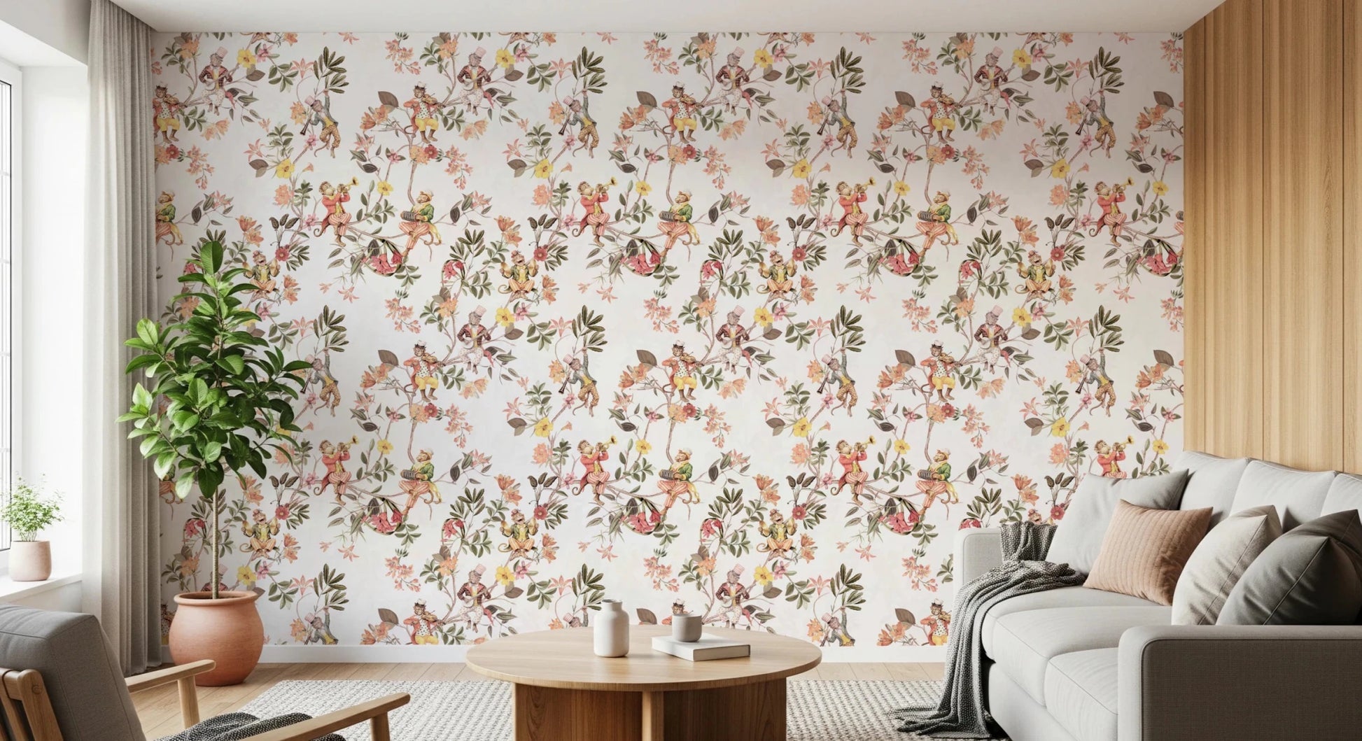 Whimsical Monkeys Playing Music Vintage Exotic Fun Garden white Wallpaper⁠