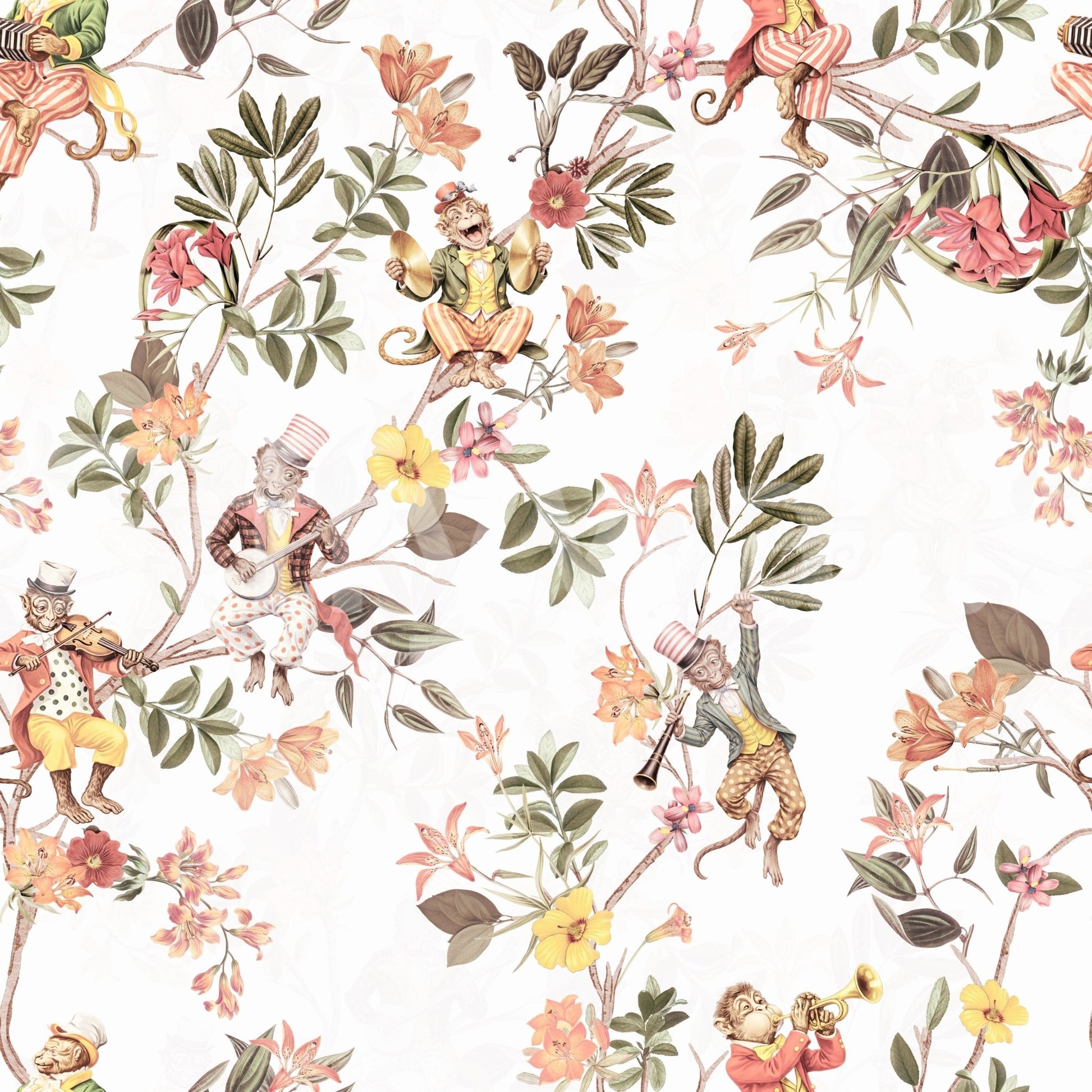 Whimsical Monkeys Playing Music Vintage Exotic Fun Garden white Wallpaper⁠