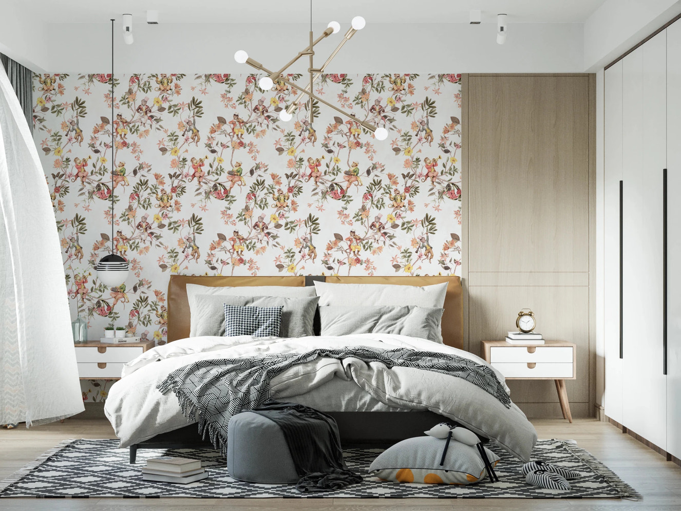 Whimsical Monkeys Playing Music Vintage Exotic Fun Garden white Wallpaper⁠