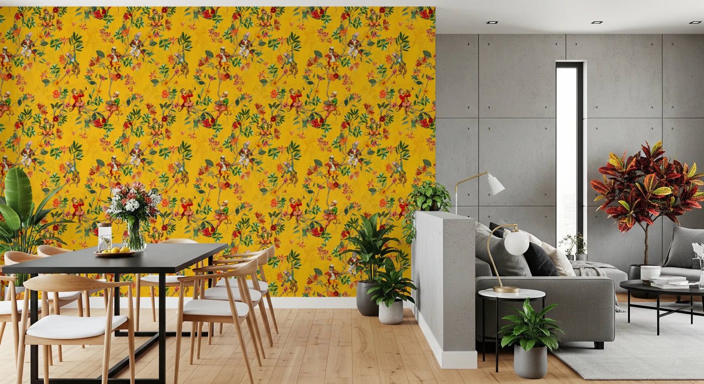 Whimsical Monkeys Playing Music Vintage Exotic Fun Garden yellow Wallpaper⁠