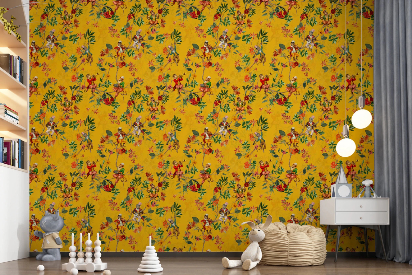 Whimsical Monkeys Playing Music Vintage Exotic Fun Garden yellow Wallpaper⁠