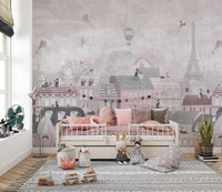 Playful cat and cityscape wall covering
