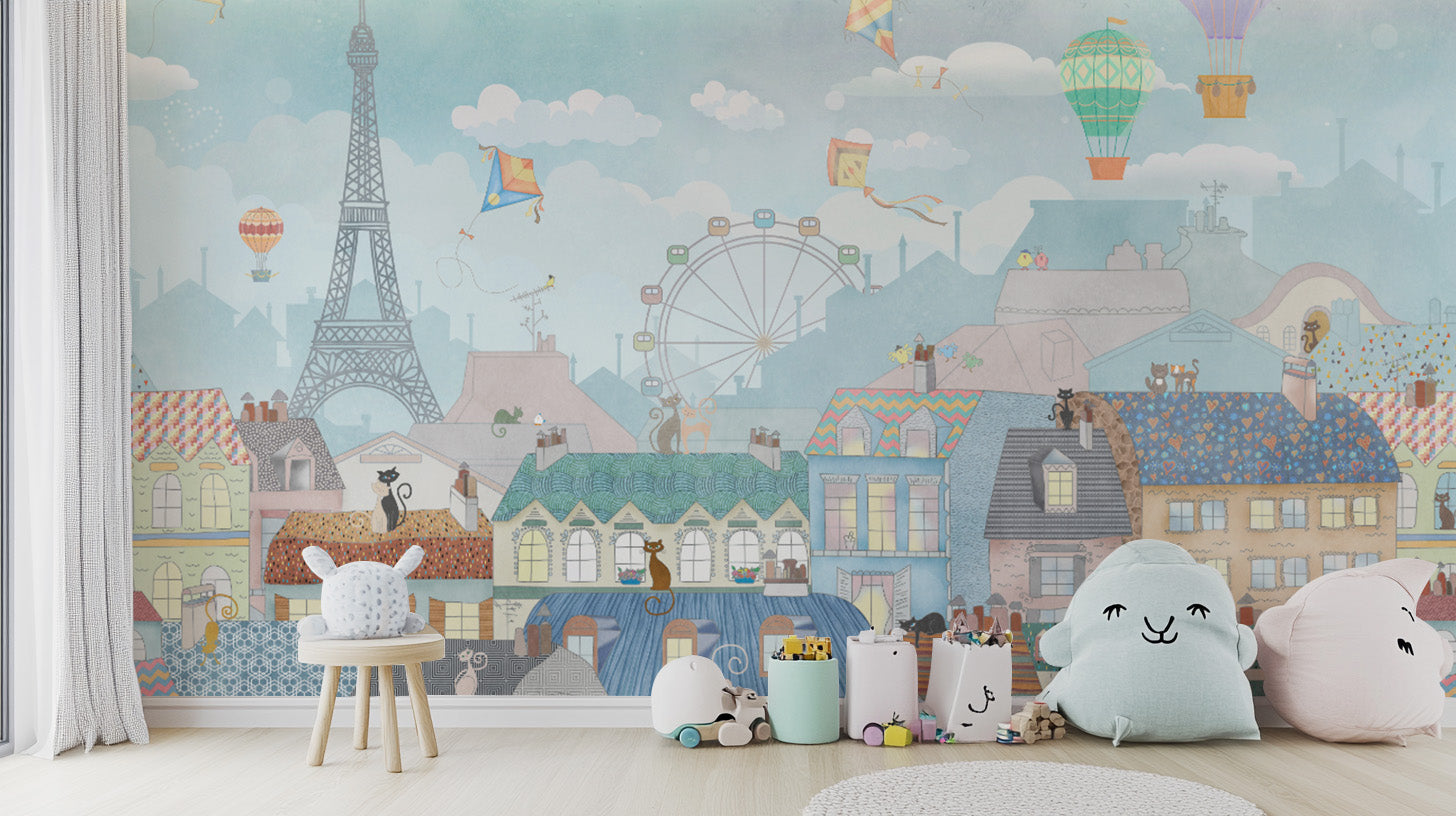 Eiffel Tower kids wallpaper in pastel colors

