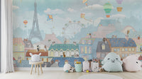Eiffel Tower kids wallpaper in pastel colors
