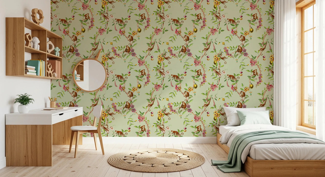 Whimsical Playing Monkeys Family Vintage Exotic Garden green Wallpaper⁠