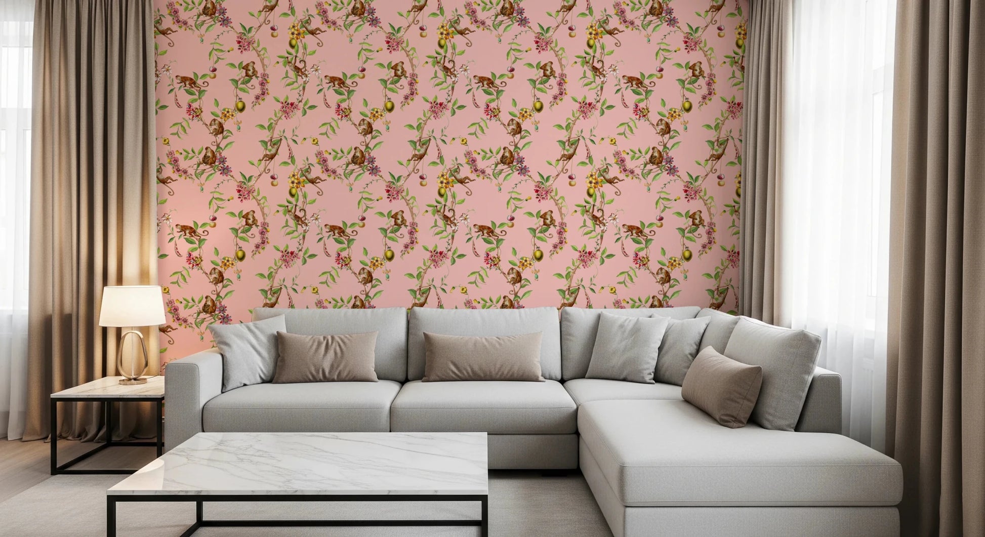 Whimsical Playing Monkeys Family Vintage Exotic Garden pink Wallpaper⁠
