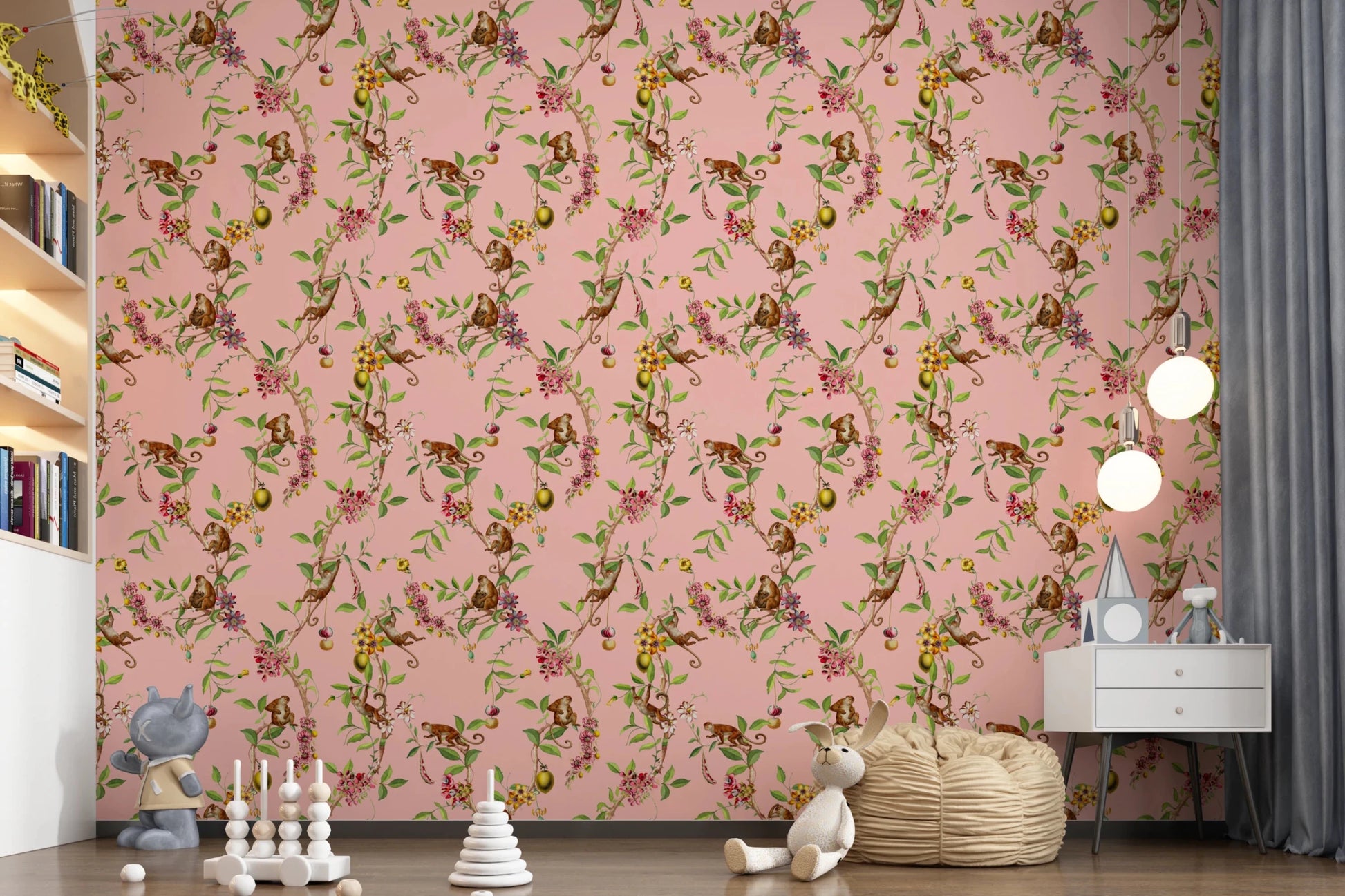 Whimsical Playing Monkeys Family Vintage Exotic Garden pink Wallpaper⁠