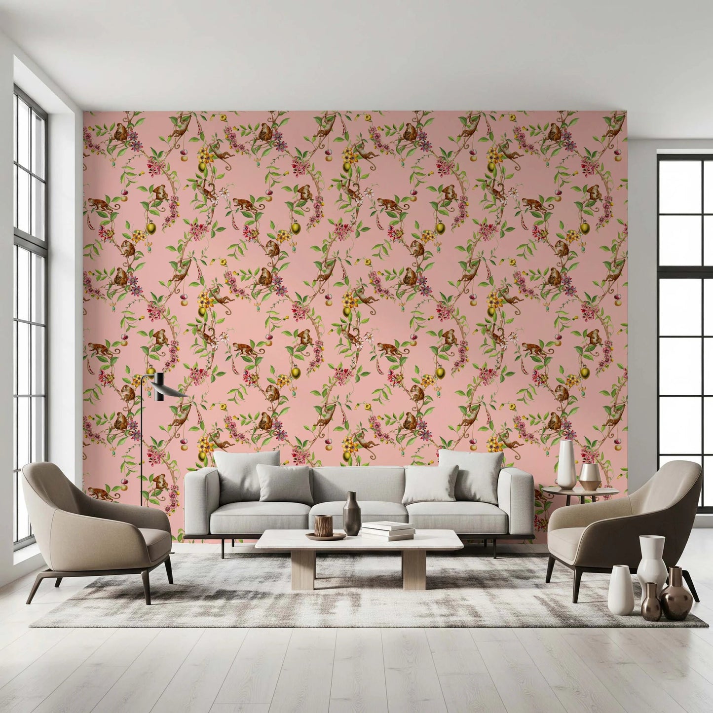 Whimsical Playing Monkeys Family Vintage Exotic Garden pink Wallpaper⁠