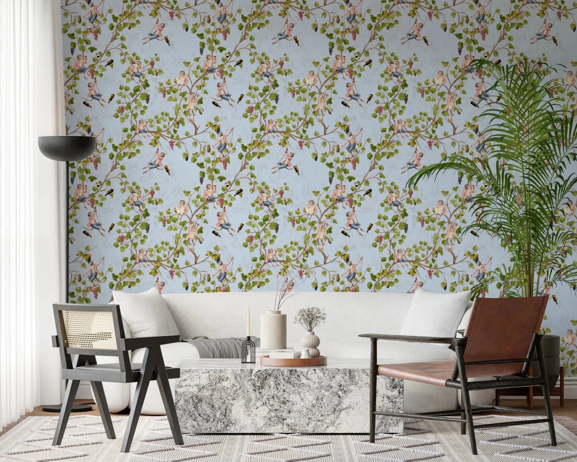 Whimsical Rococo Monkeys Wine Festival Aristocratic Vineyard Vintage Garden blue Wallpaper⁠