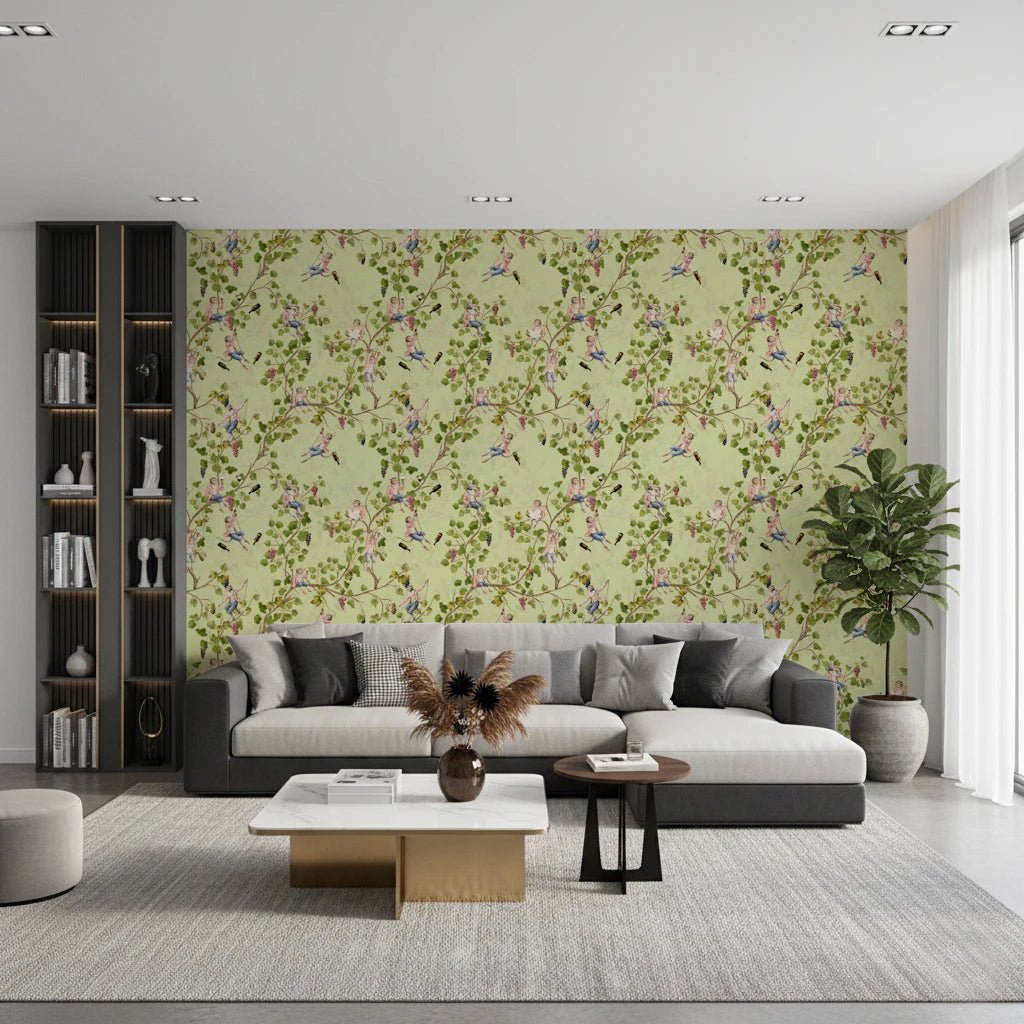 Whimsical Rococo Monkeys Wine Festival Aristocratic Vineyard Vintage Garden green Wallpaper⁠