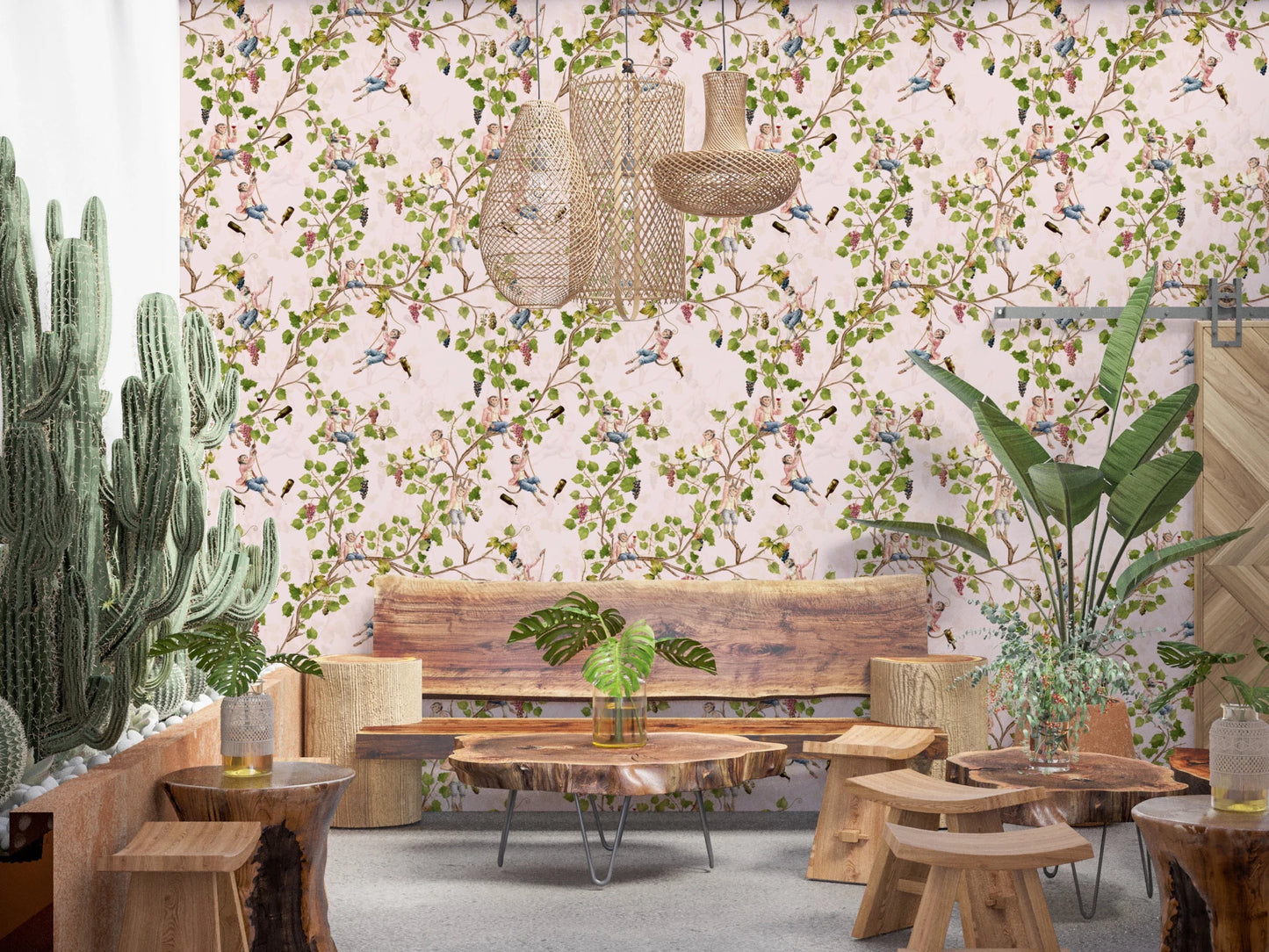 Whimsical Rococo Monkeys Wine Festival Aristocratic Vineyard Vintage Garden pink Wallpaper⁠