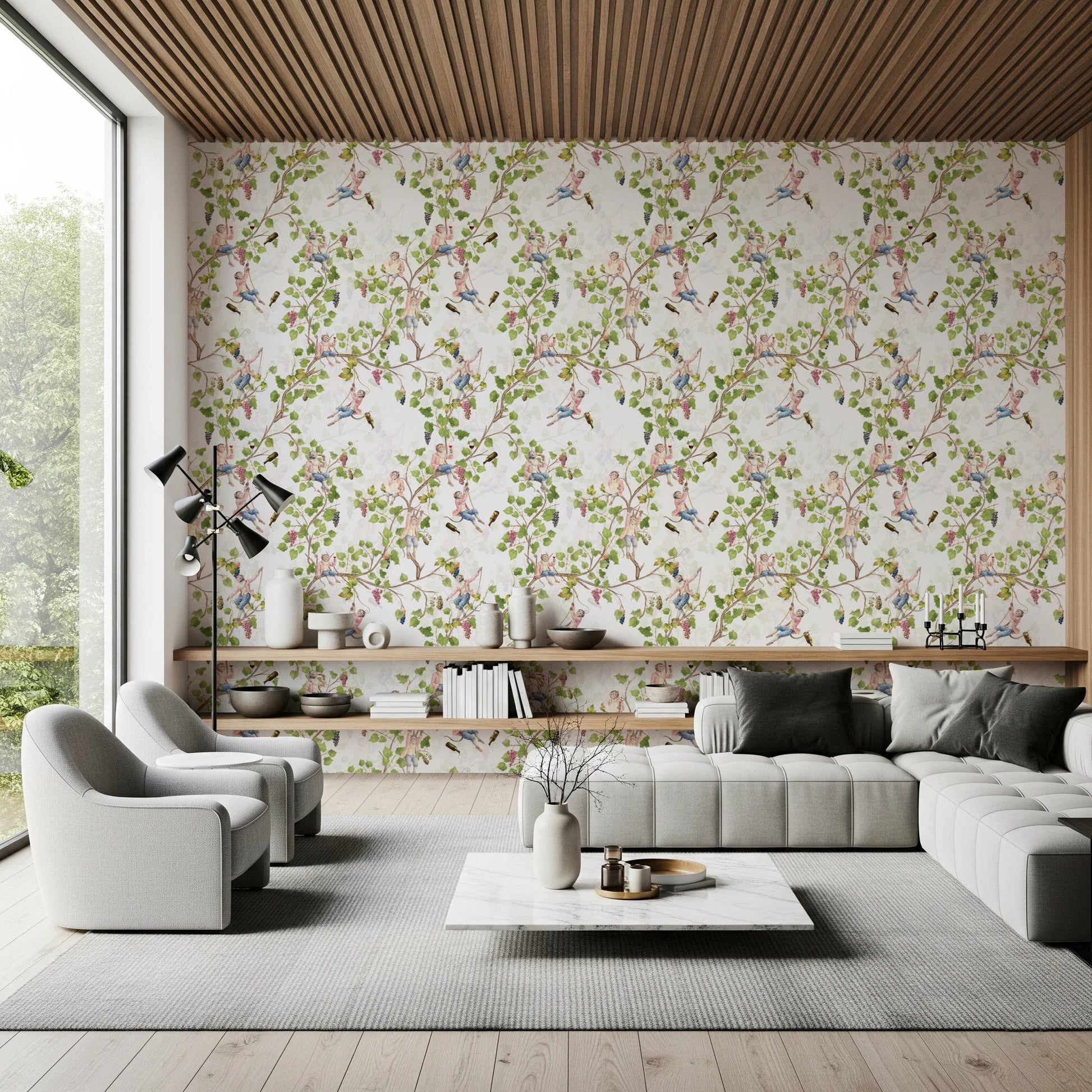 Whimsical Rococo Monkeys Wine Festival Aristocratic Vineyard Vintage Garden white Wallpaper⁠