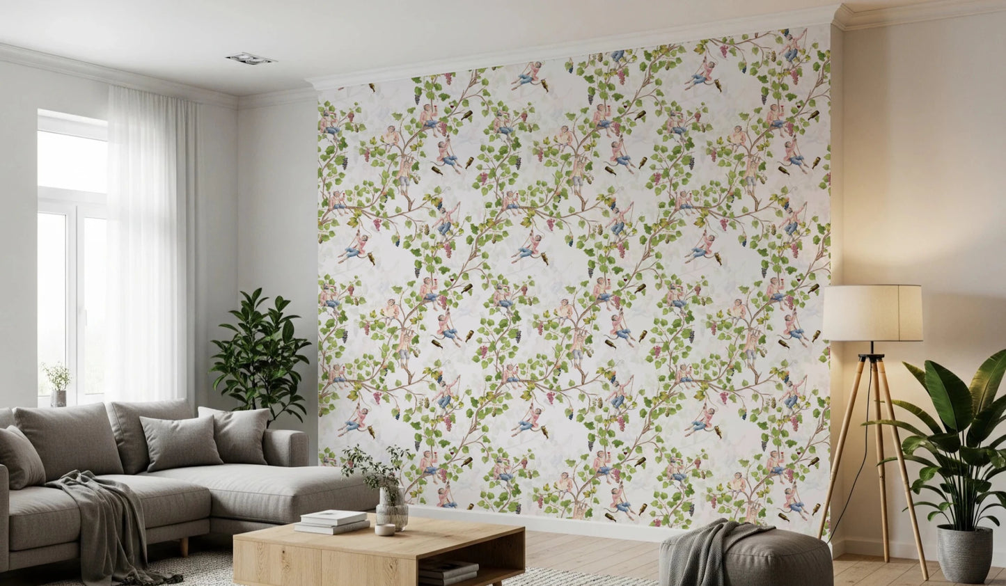 Whimsical Rococo Monkeys Wine Festival Aristocratic Vineyard Vintage Garden white Wallpaper⁠