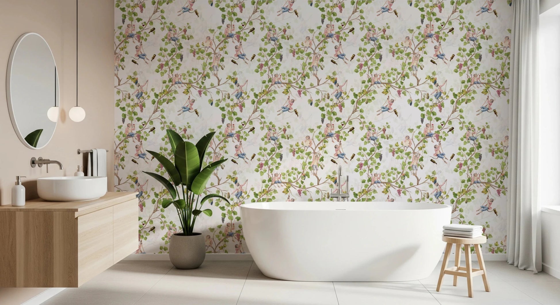Whimsical Rococo Monkeys Wine Festival Aristocratic Vineyard Vintage Garden white Wallpaper⁠