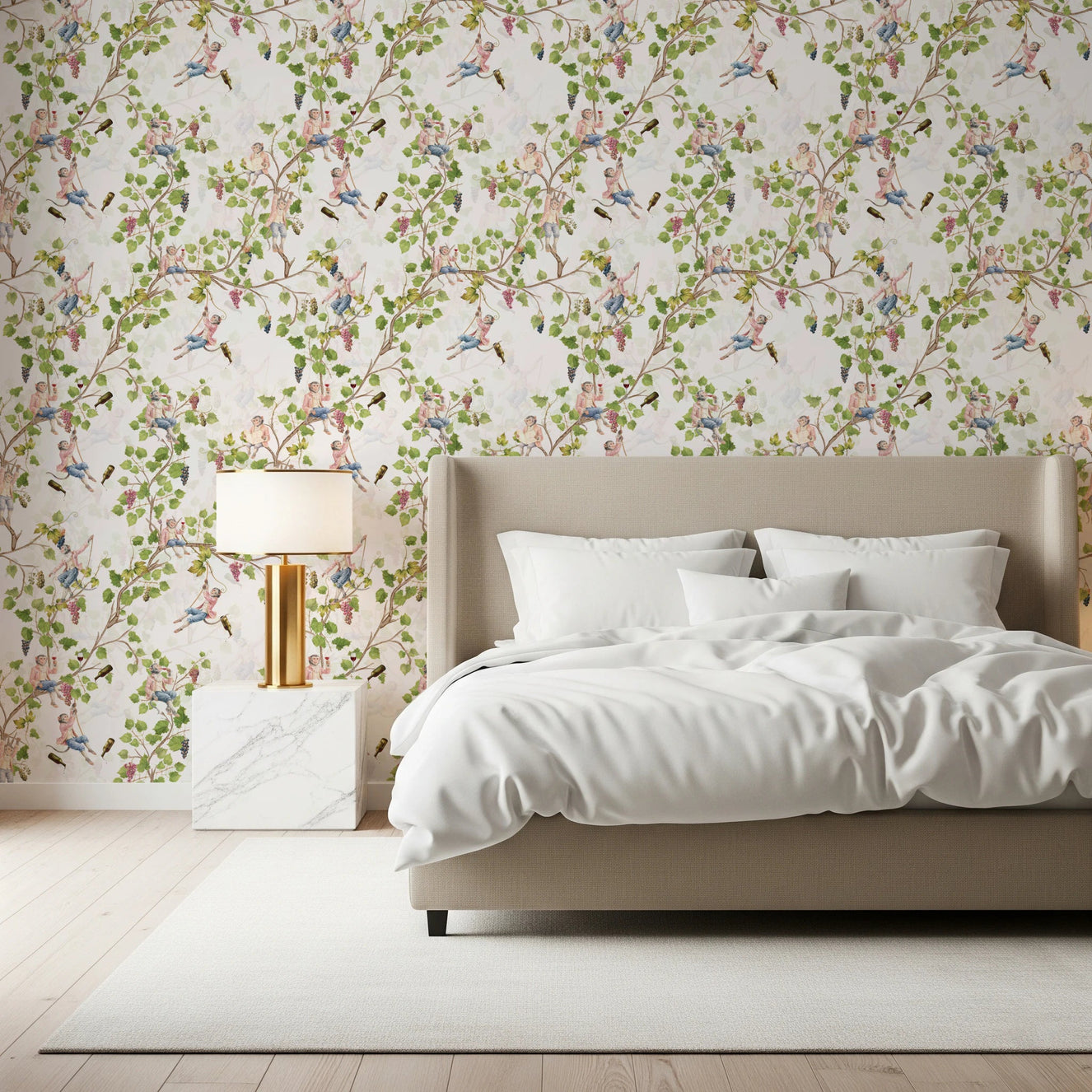 Whimsical Rococo Monkeys Wine Festival Aristocratic Vineyard Vintage Garden white Wallpaper⁠