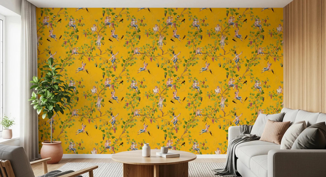 Whimsical Rococo Monkeys Wine Festival Aristocratic Vineyard Vintage Garden yellow Wallpaper⁠