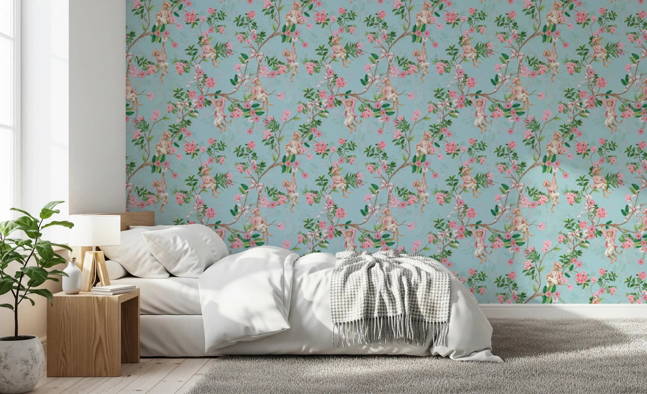 Whimsical Rococo Monkeys Wine Festival Vintage Aristocratic Vineyard Garden Party blue Wallpaper⁠