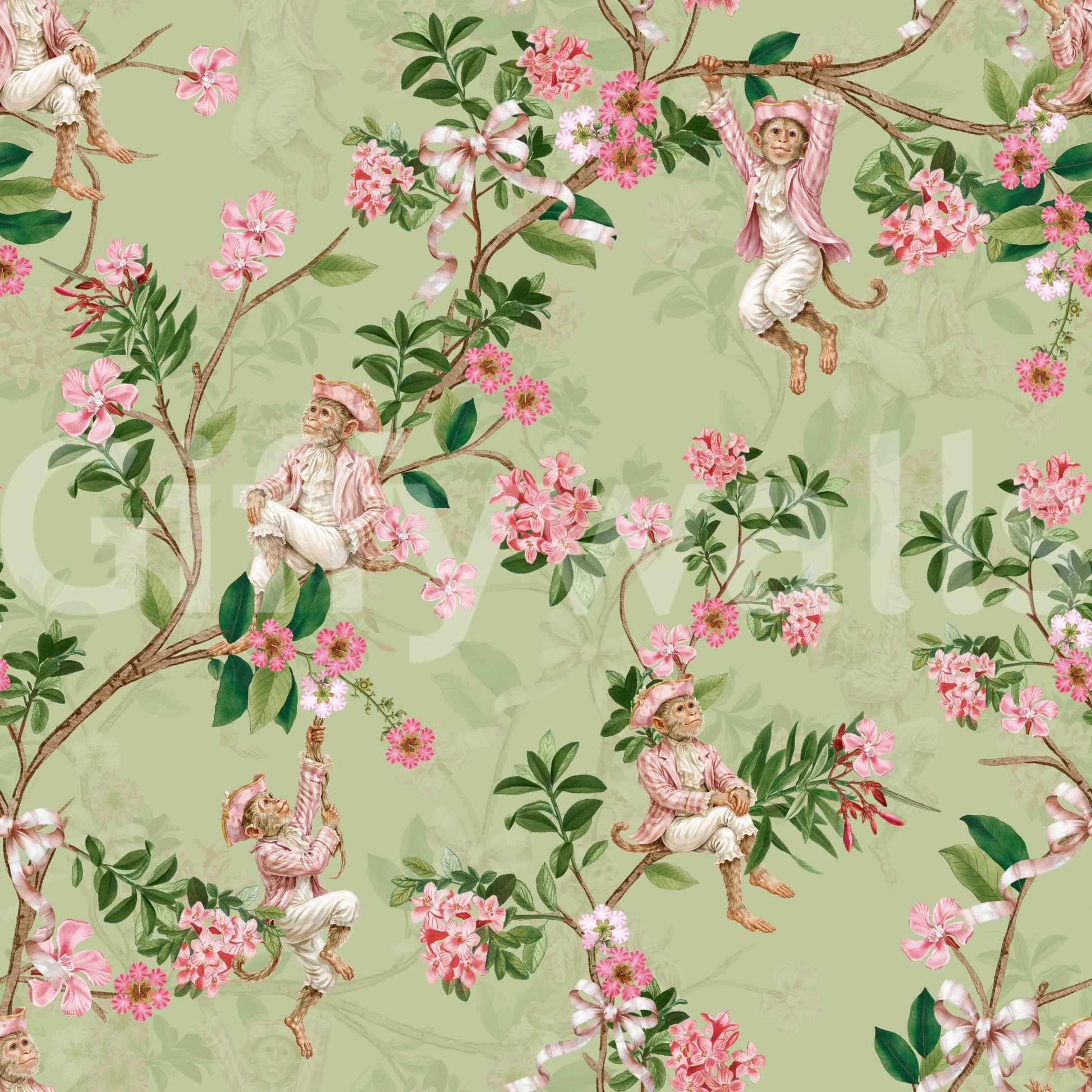 Whimsical Rococo Monkeys Wine Festival Vintage Aristocratic Vineyard Garden Party green Wallpaper⁠