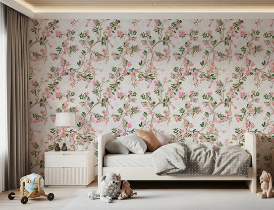 Whimsical Rococo Monkeys Wine Festival Vintage Aristocratic Vineyard Garden Party white Wallpaper⁠