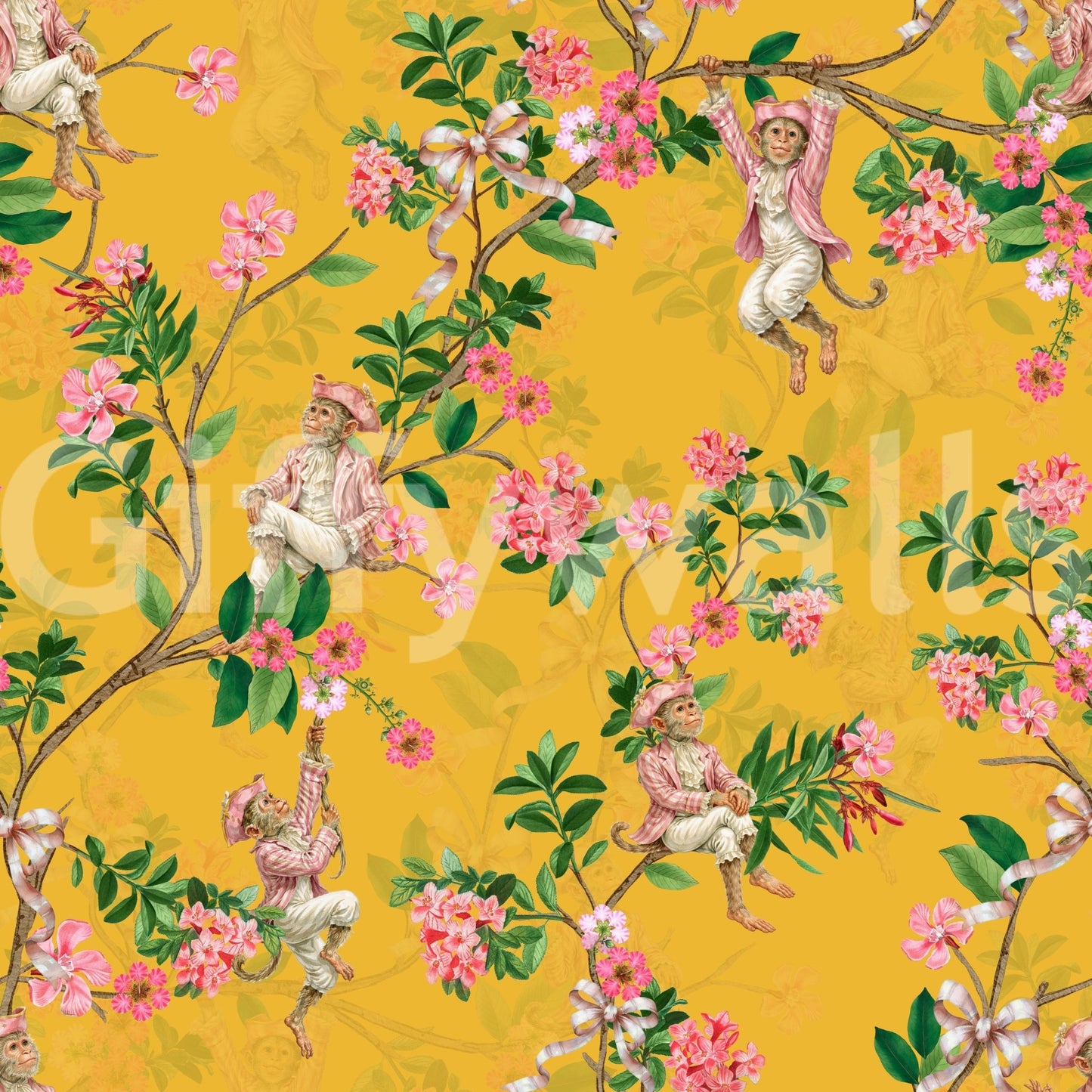 Whimsical Rococo Monkeys Wine Festival Vintage Aristocratic Vineyard Garden Party yellow Wallpaper⁠