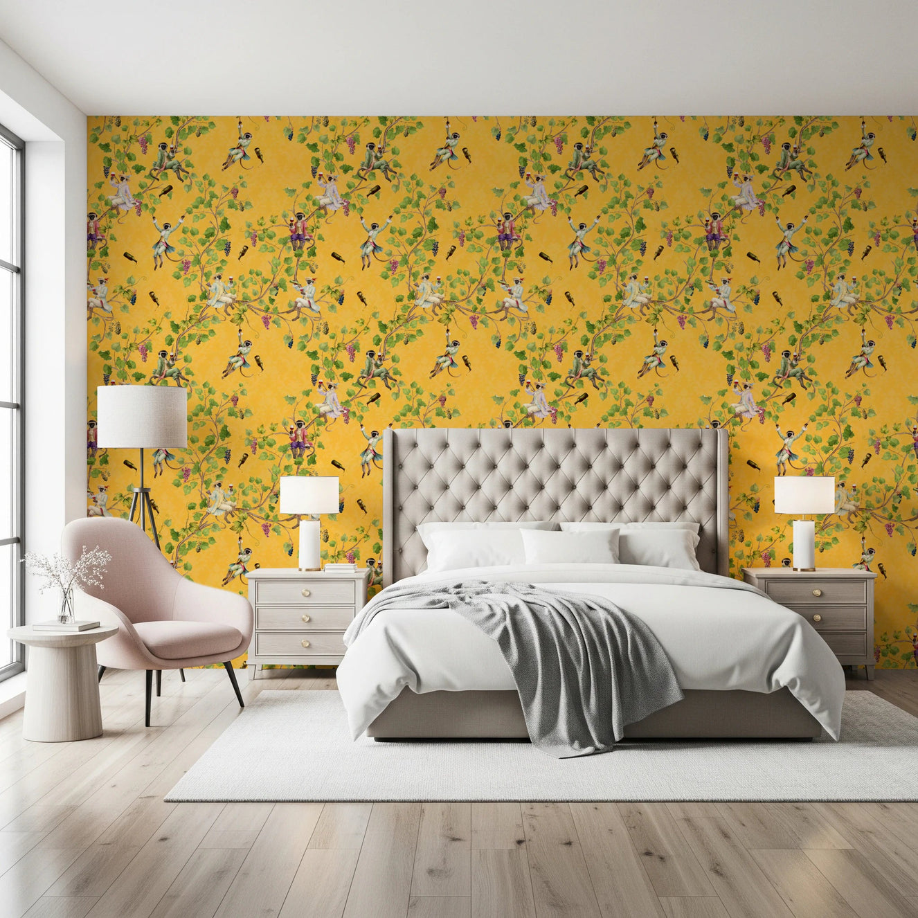 Whimsical Rococo Monkeys Wine Festival Vintage Aristocratic Vineyard Garden yellow Wallpaper⁠