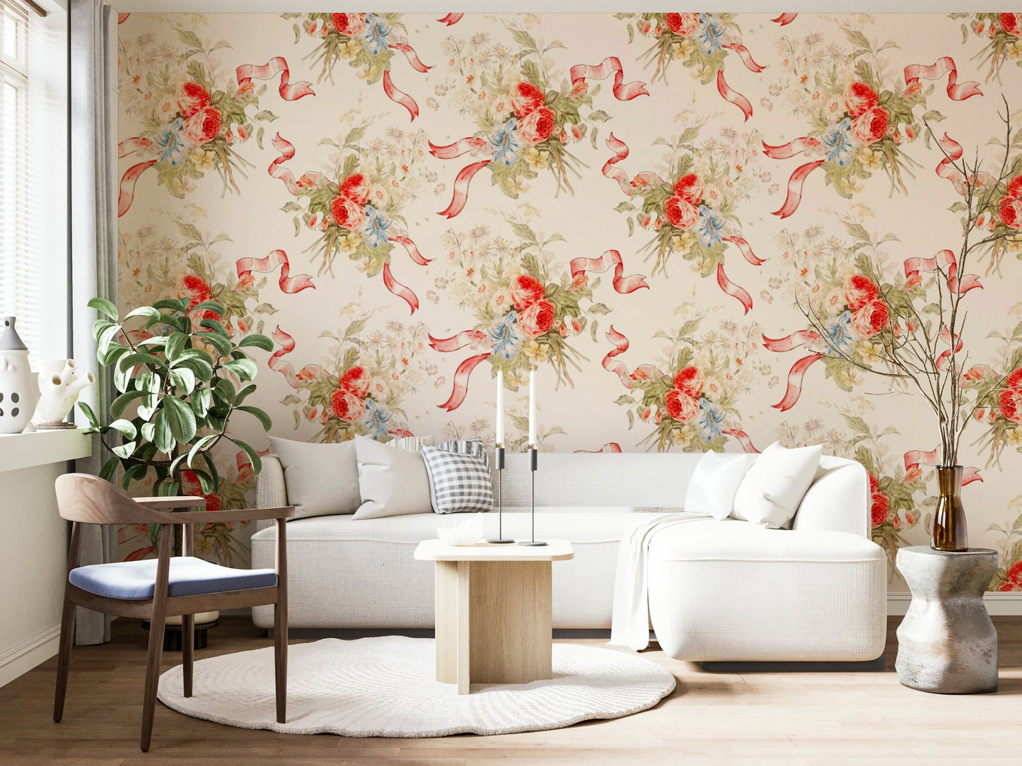 Whimsical rose mural featuring florals and classic stripe design.

