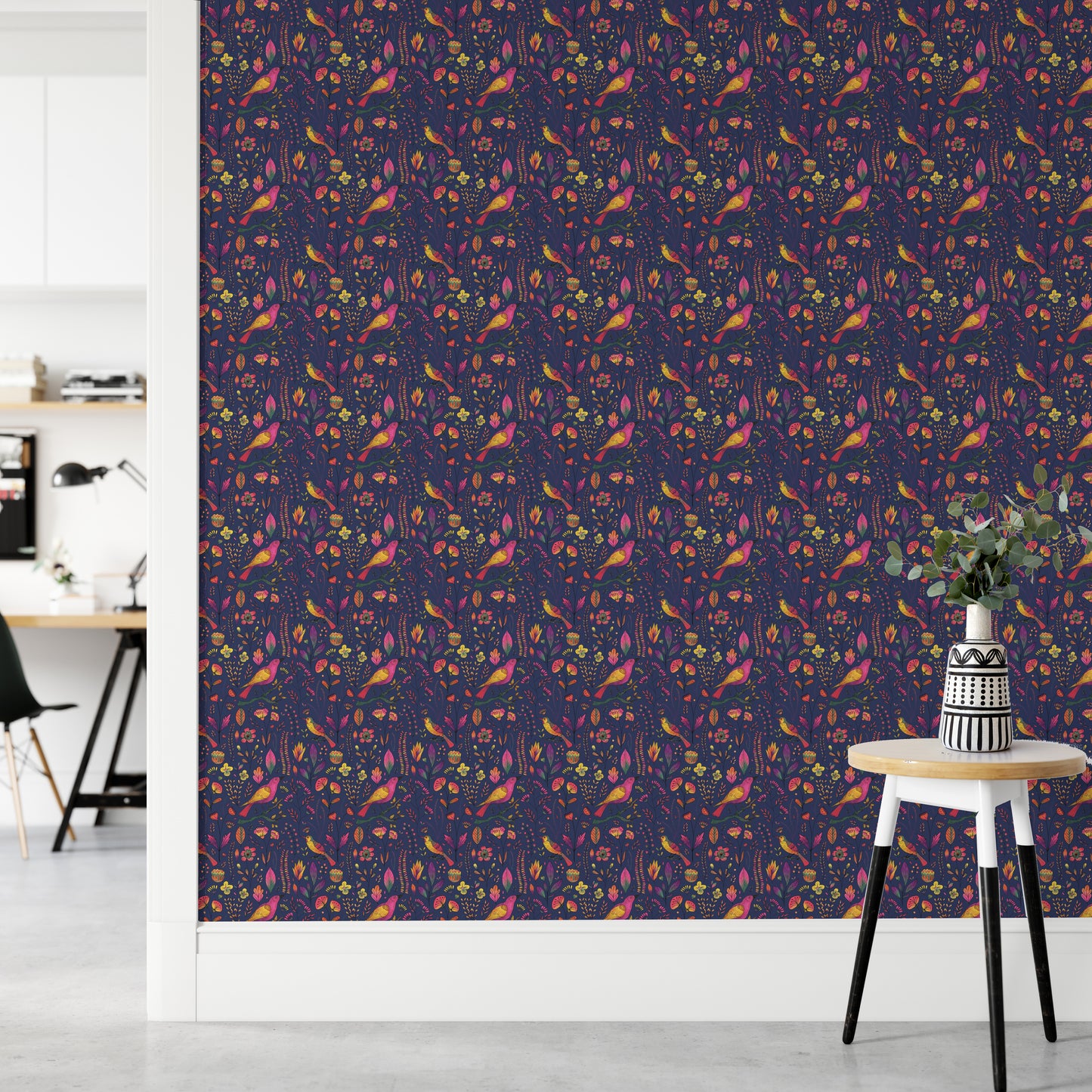 Whimsical Songbird Garden Navy Wallpaper