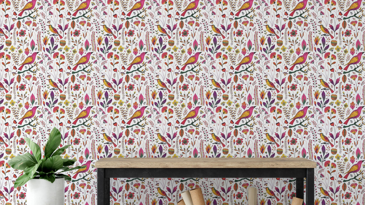 Whimsical Songbird Garden White Wallpaper