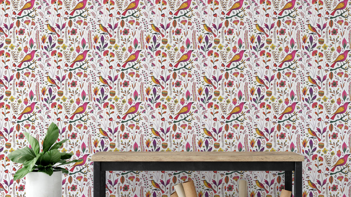 Whimsical Songbird Garden White wallpaper with pink and orange birds behind a wooden console and green plant