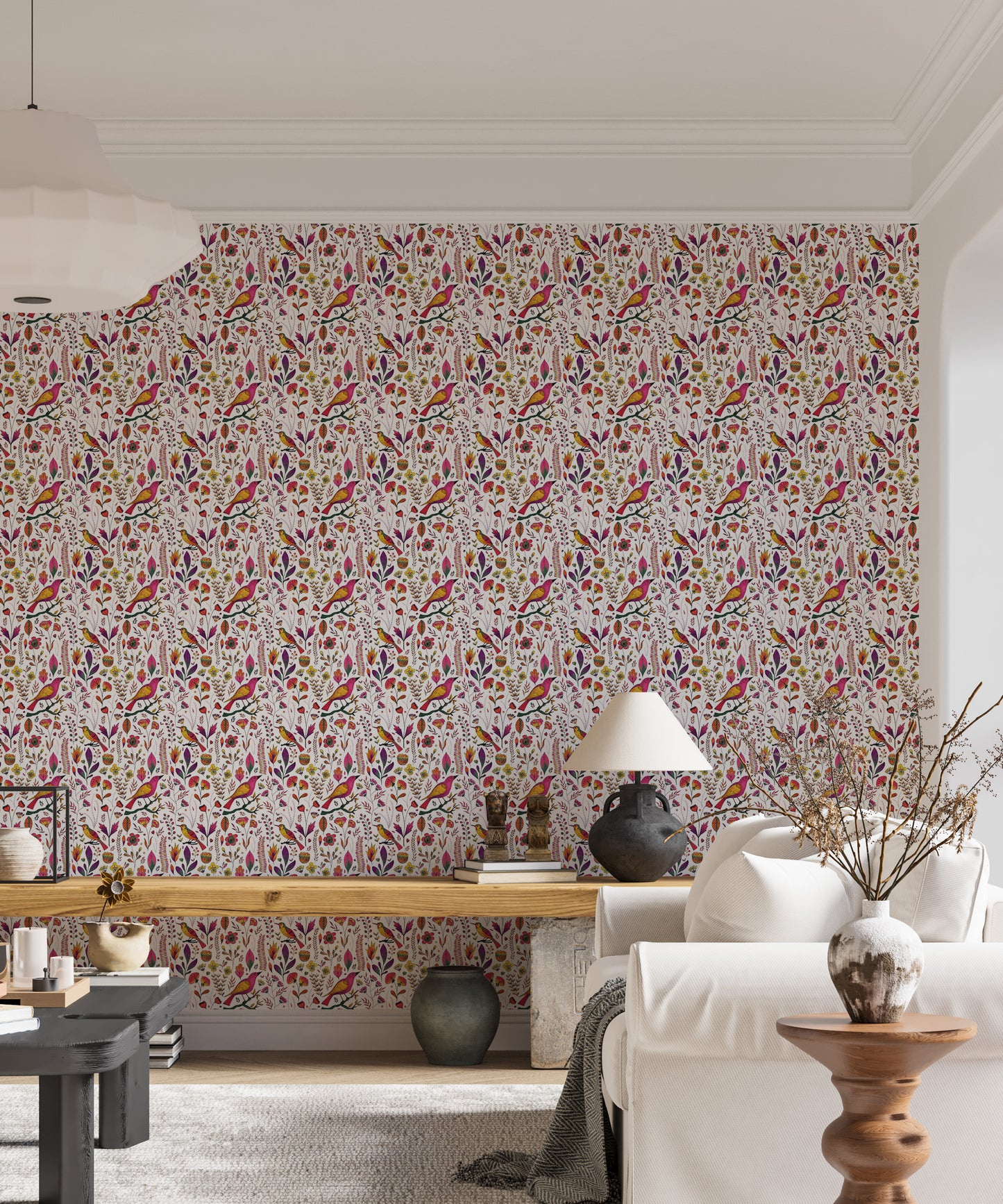 Whimsical Songbird Garden White Wallpaper