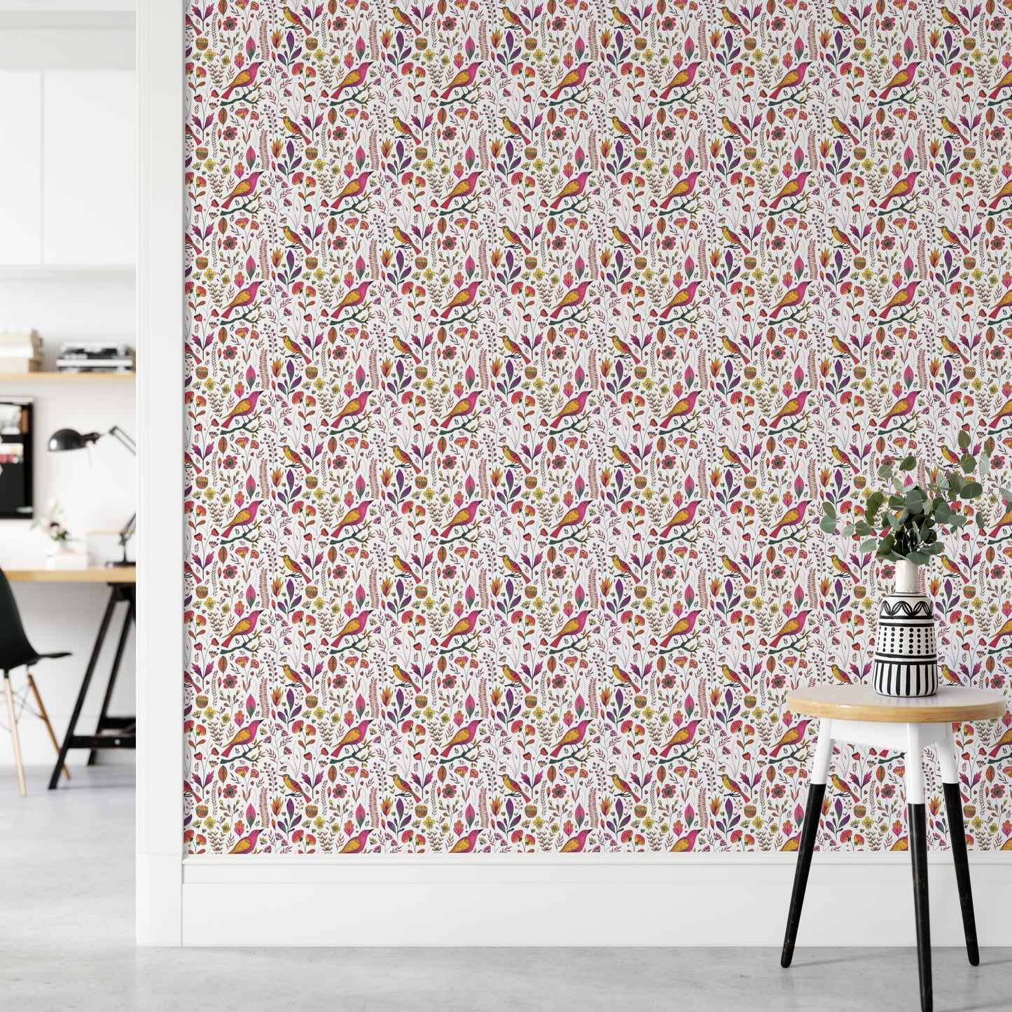 Whimsical Songbird Garden White Wallpaper