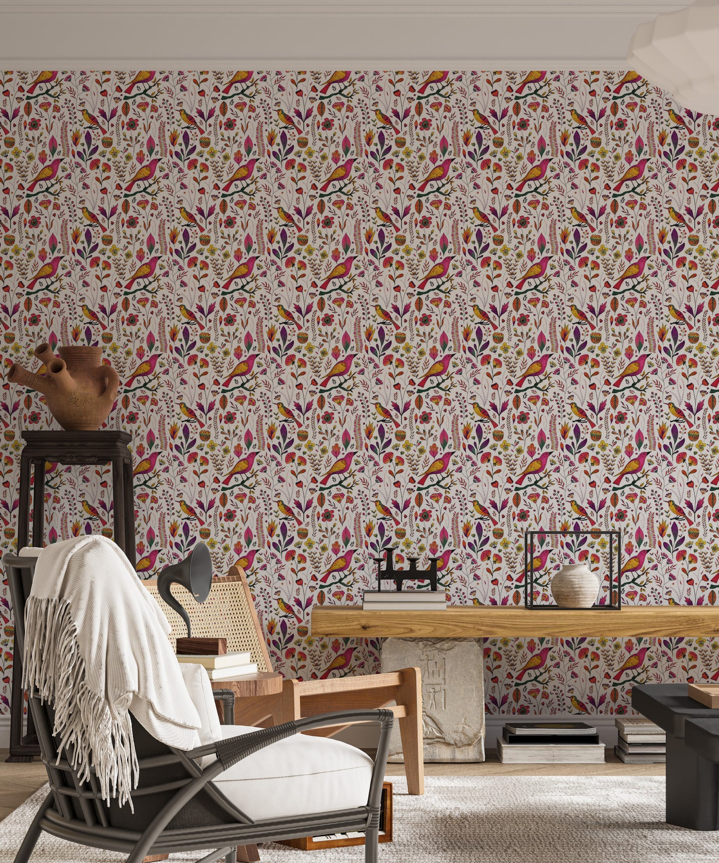 Whimsical Songbird Garden White Wallpaper