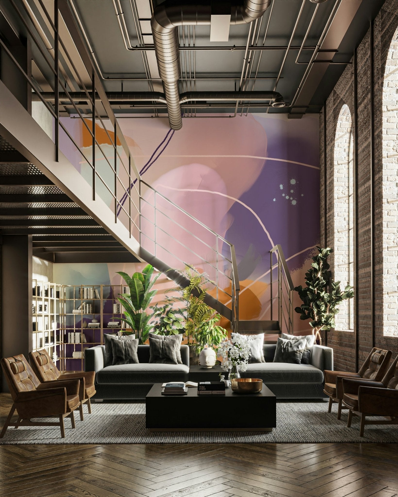 Whimsical abstract mural in soft sophisticated hues

