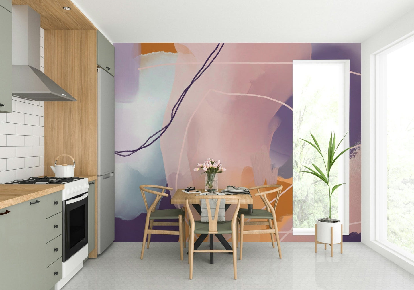 Abstract design mural with soft curves and textures

