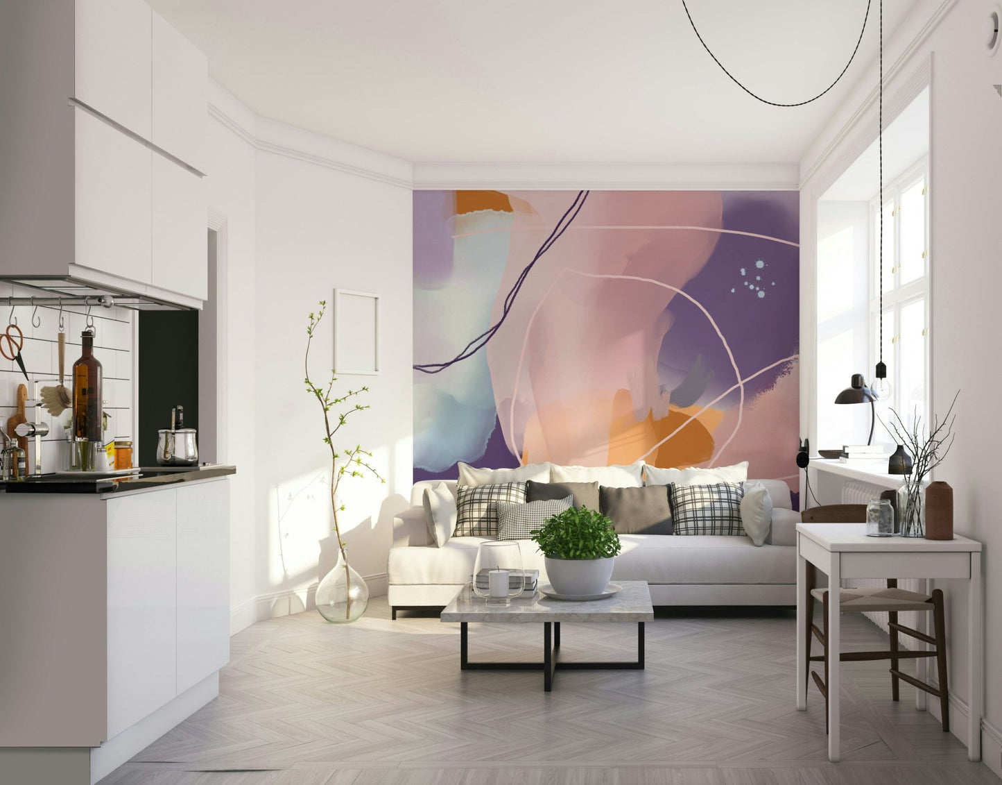 Neutral-toned wall mural with artistic movement

