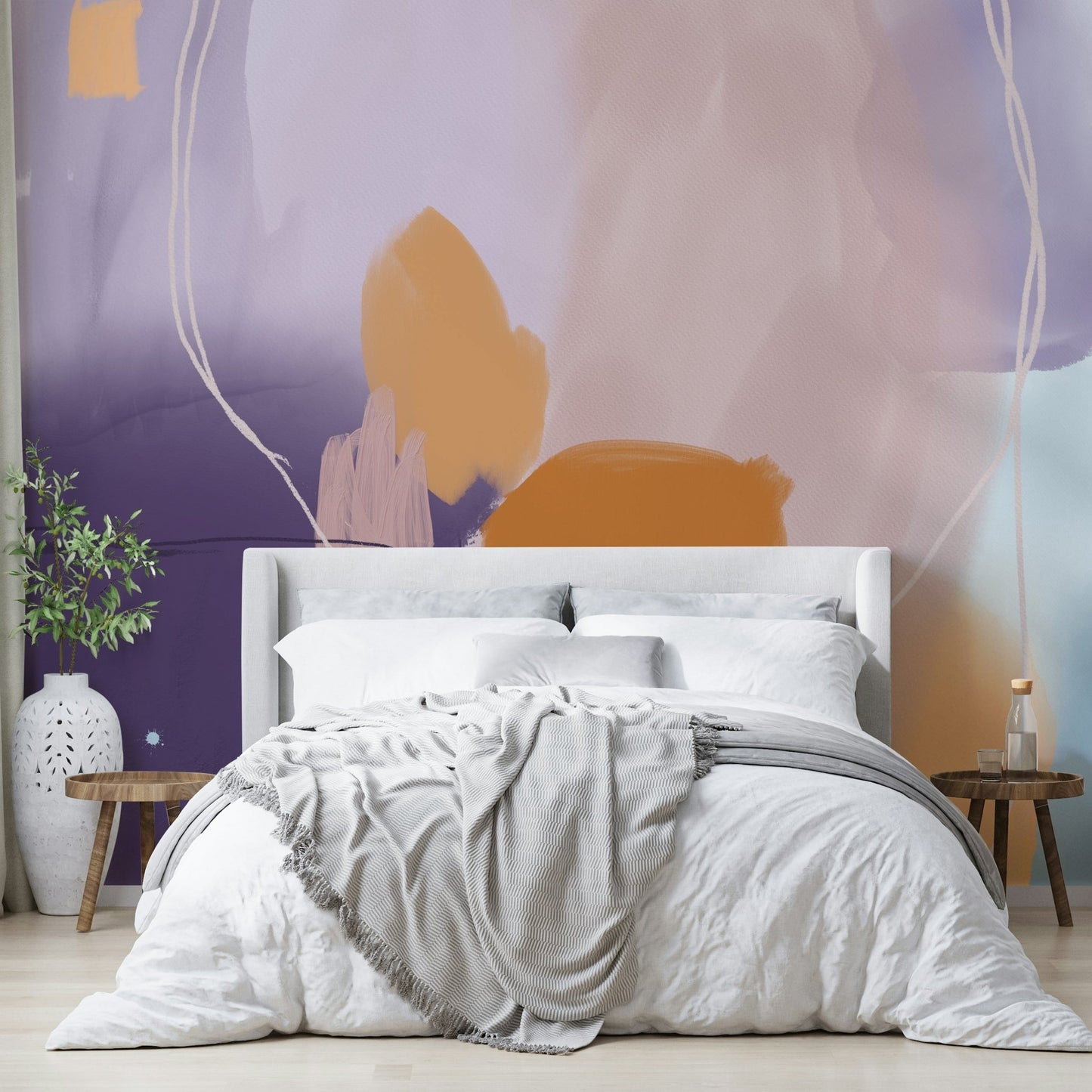 Neutral-toned abstract mural with flowing forms

