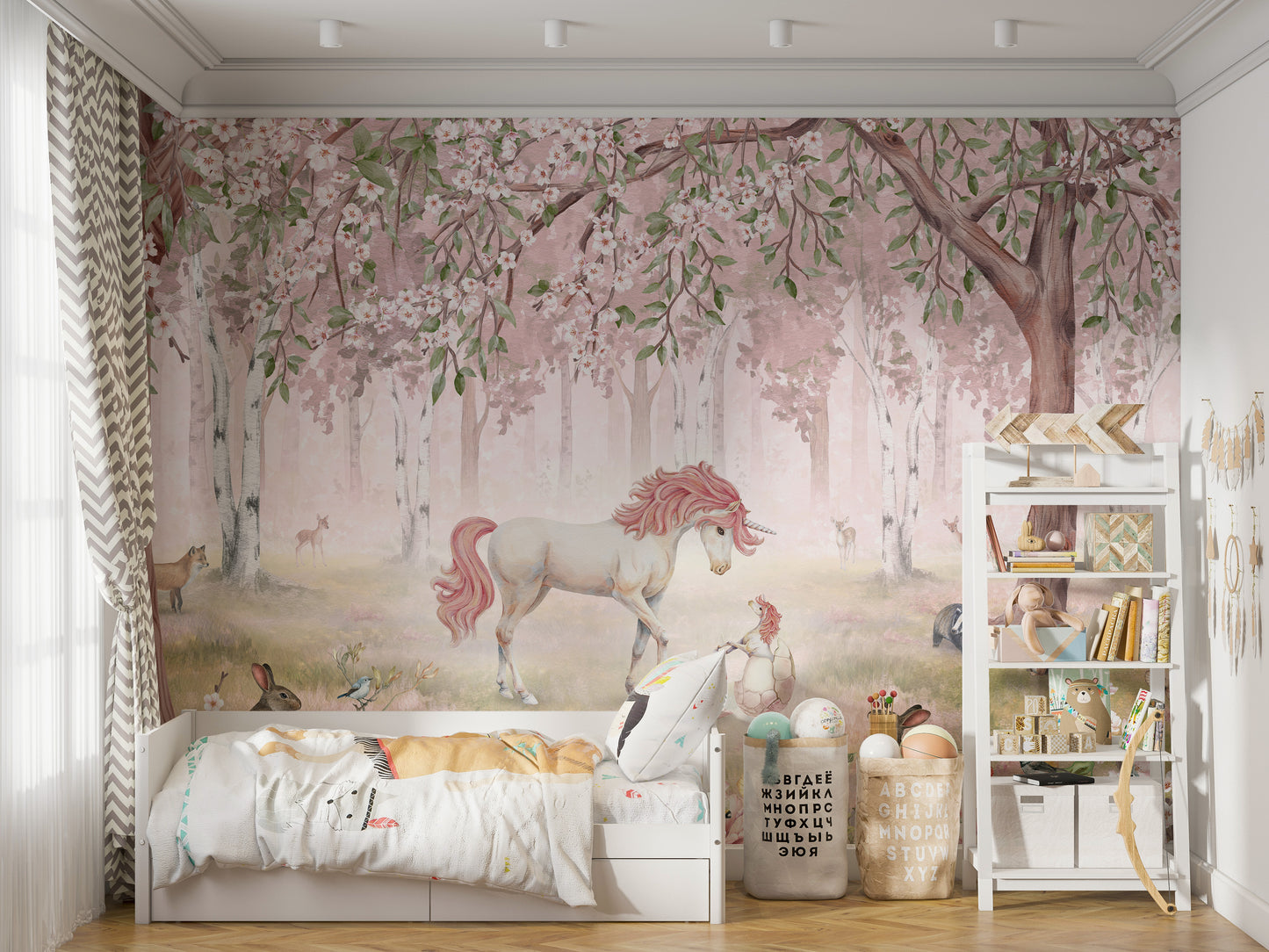 Removable Unicorn Forest Pink Wall Mural in a bedroom with a white bed frame and a minimal white shelving unit.
